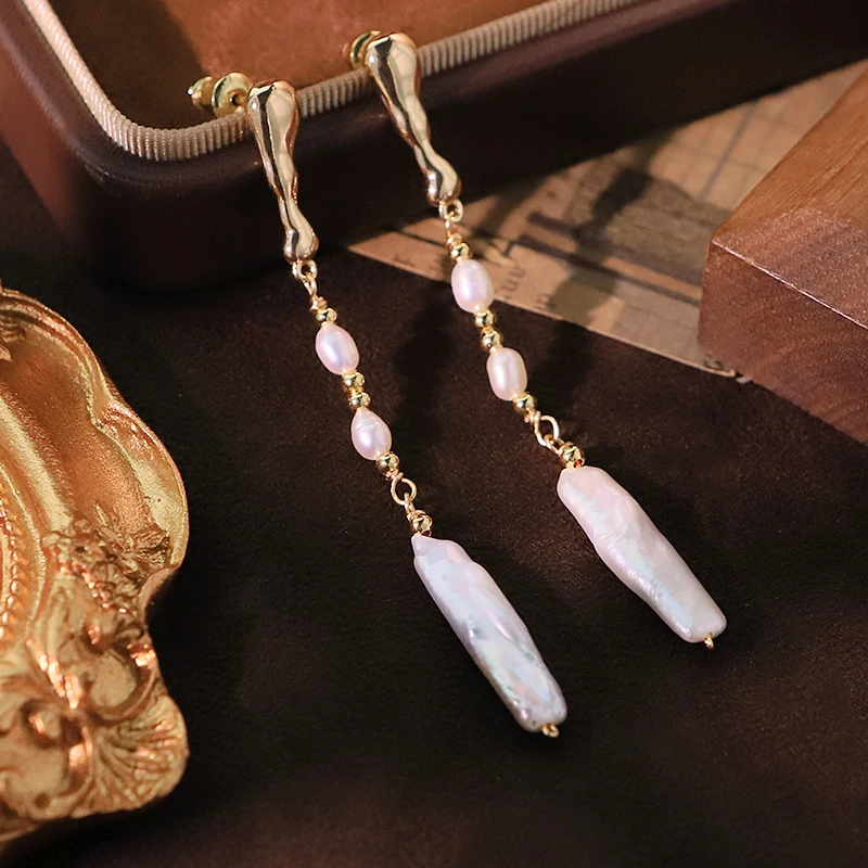 Natural Baroque Pearl Tassel Copper Bead Earrings Electroplated 18k Gold High-Quality Earrings  Gift Women's Jewelry GE1788