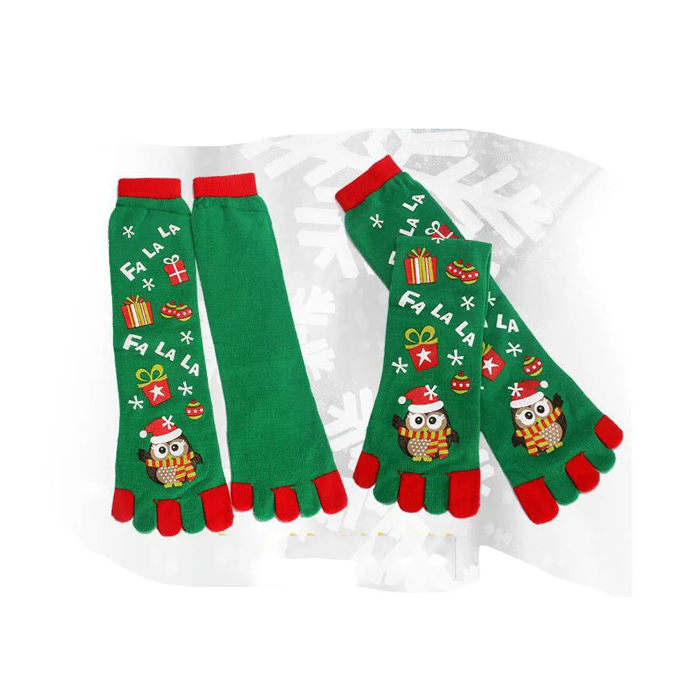 Free Size Socks Christmas Toe Five Finger Long Green Owl Printing for Memorable