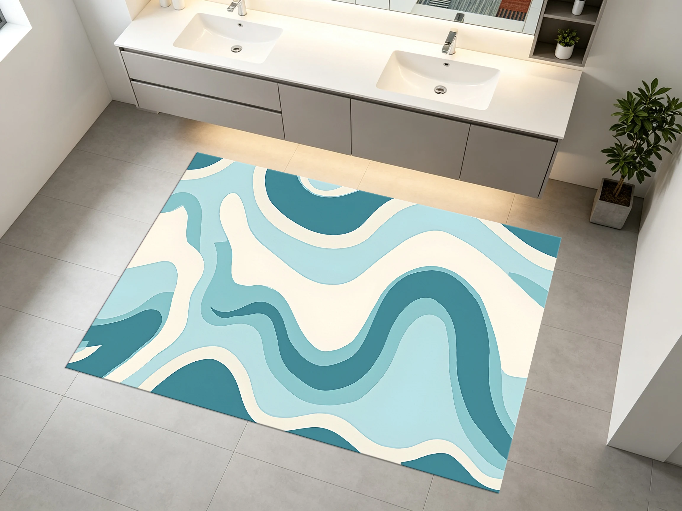 2D Large Rug Blue & White Wave Pattern, Minimalist Style, Soft & Skin-Friendly, for Living Room & Bedroom, Enhances the