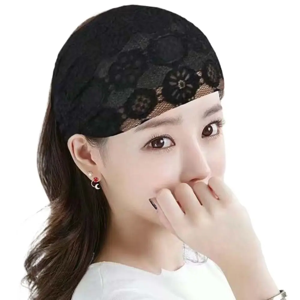 Personality Non Slip Mesh Flower Headband Hollow Lightweight Lace Hairbands Elastic Korean Style Wide Side Head Wrap Mother