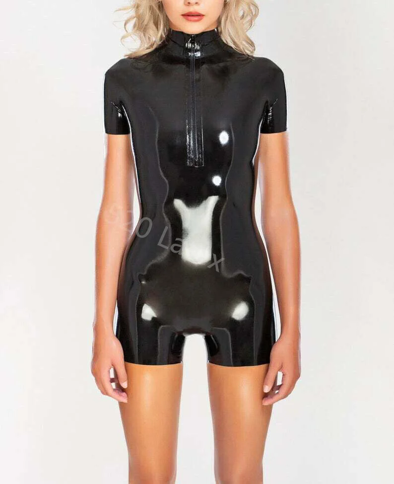 Natural Latex Woman Catsuit Gummi High Neck Front Ziper Short Sleeve Boxer Pants Junmpsuit 0.4mm custom made