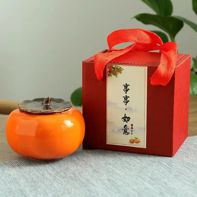 Small Tea Leaf Jar Household Office Ceramic Persimmon Shape Tea Jar Portable Sealed Moisture-Proof Storage Tank