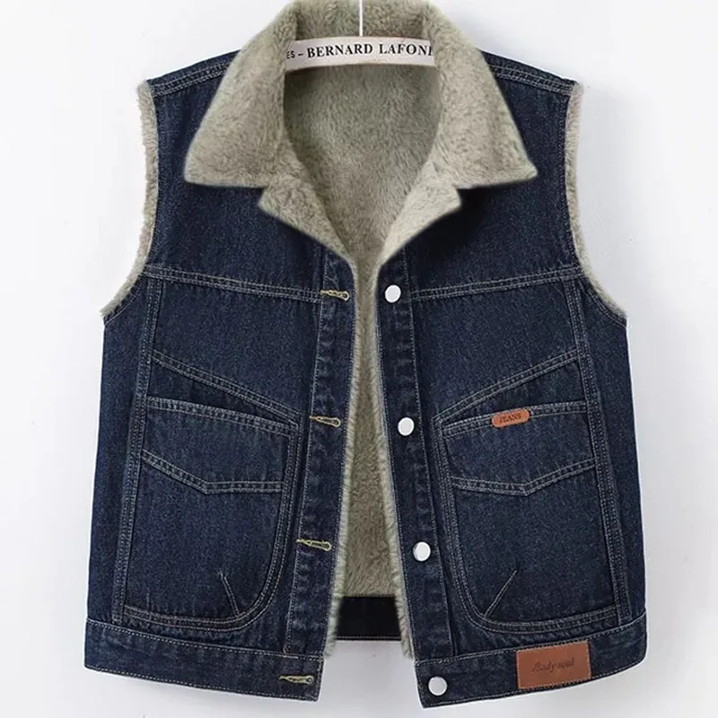 Vintage Womens Denim Sleeveless jacket Large Faux Fur Collar Fur Cuffs Denim Vest Loose Winter Warm Outerwear Coats
