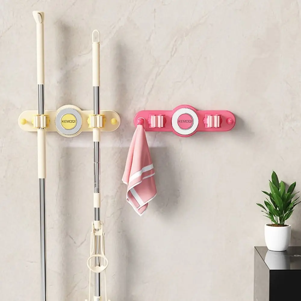 

Practical Plastic Suction Cup Mop Holder Wall-Mounted Space-Saving Mop Clamp with Hook Non Punching Broom Hanger for Home