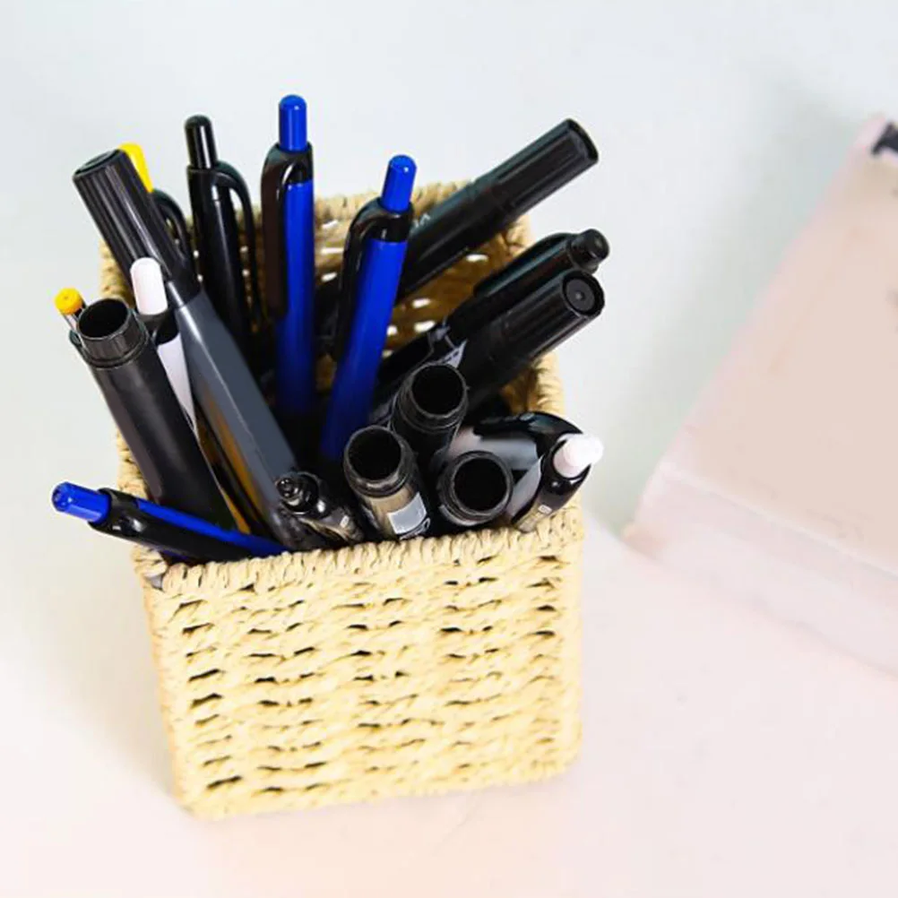 

Hand-Woven Storage Basket Desktop Pen -Friendly Woven Sundries Box Household Organizer Beige Home Office