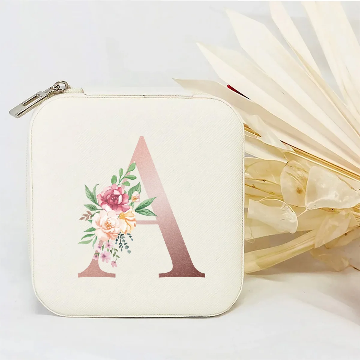 Mini Travel Jewelry Organizer Box with Custom Floral Initial F Portable Zipper Storage Case for Rings Earrings