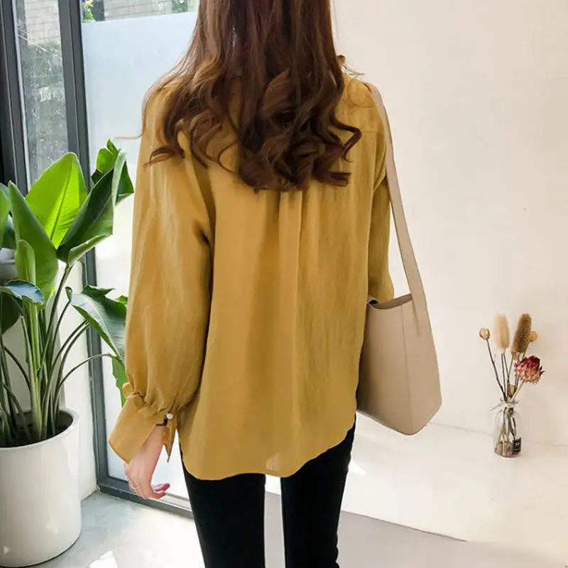 Fashion V-Neck Solid Color All-match Blouse for Female Spring Autumn Streetwear Korean Ruffles Spliced Loose Shirt Long Sleeve