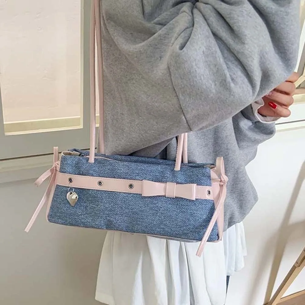 

Sweet French Stick Handbag Ribbon Contrast Color Bow PU Shoulder Bag Korean Style Large Capacity Denim Underarm Bags School