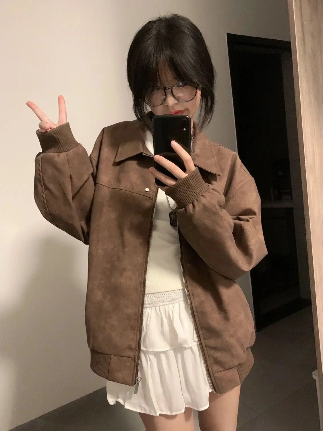 

American Retro Brown Collar Jacket Women's 2025 Spring Autumn Style Fake Suede Casual High Level Couples Match Leisure Coat