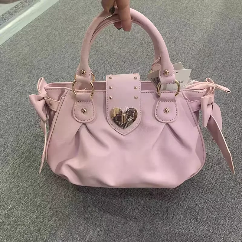 

Brand Pink Ladies Bow Handbag High Quality Large Capacity Ladies Messenger Bag Luxury New Japanese Retro Commuter Women's Bag