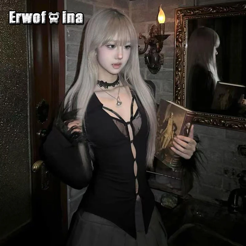 

Erwofeina Hotsweet Женский топ с длинными рукавами Одежда 2000-х годов Y2k Уличная кружевная футболка Корейская мода Осенние футболки