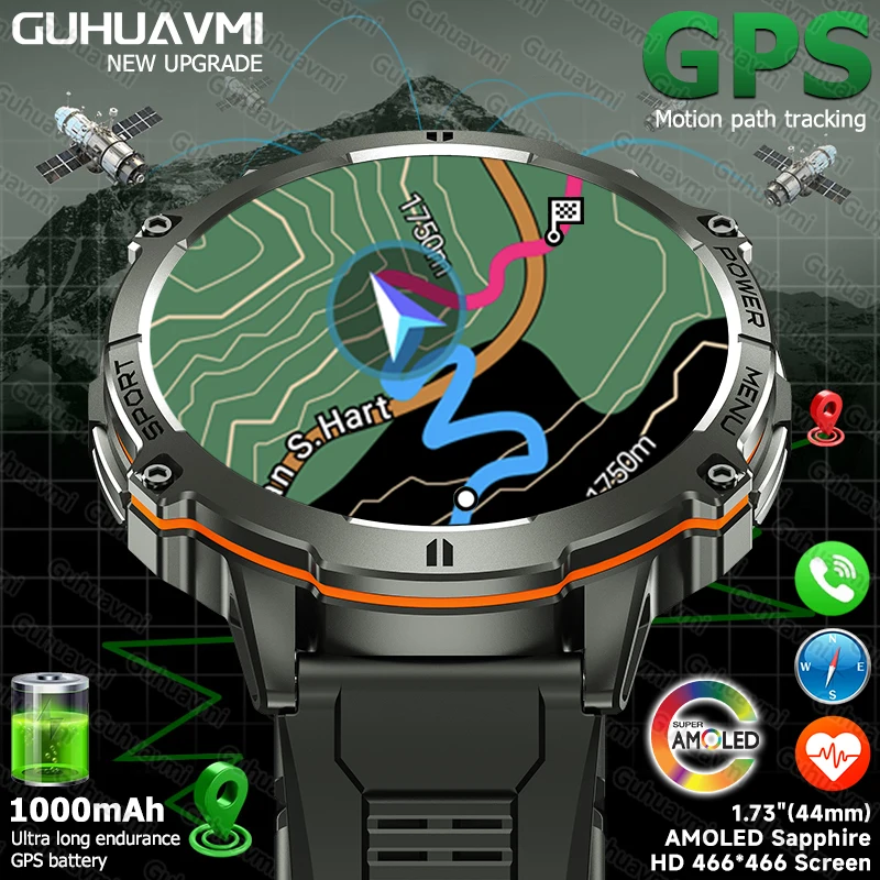 

2025 NEW GUHUAVMI TANK X3 Military GPS Smartwatch Men 1.73"HD AMOLED Screen Compass 1000mAh Waterproof Heart Rate BT Call Watch