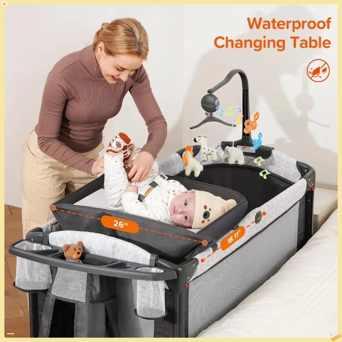 Cabeceira larga 4 em 1 para berço de bebê com trocador de fraldas, berço longo ao lado da cama com colchão, lençol, música e capa blackout