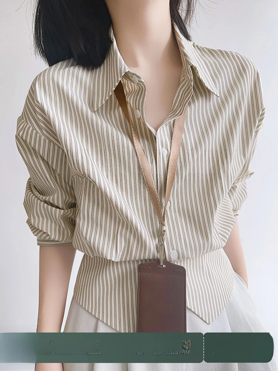 

Женская полосатая рубашка с длинным рукавом, приталенного кроя, на пуговицах, с разрезом, для офиса и повседневной носки, весна-лето, модная.