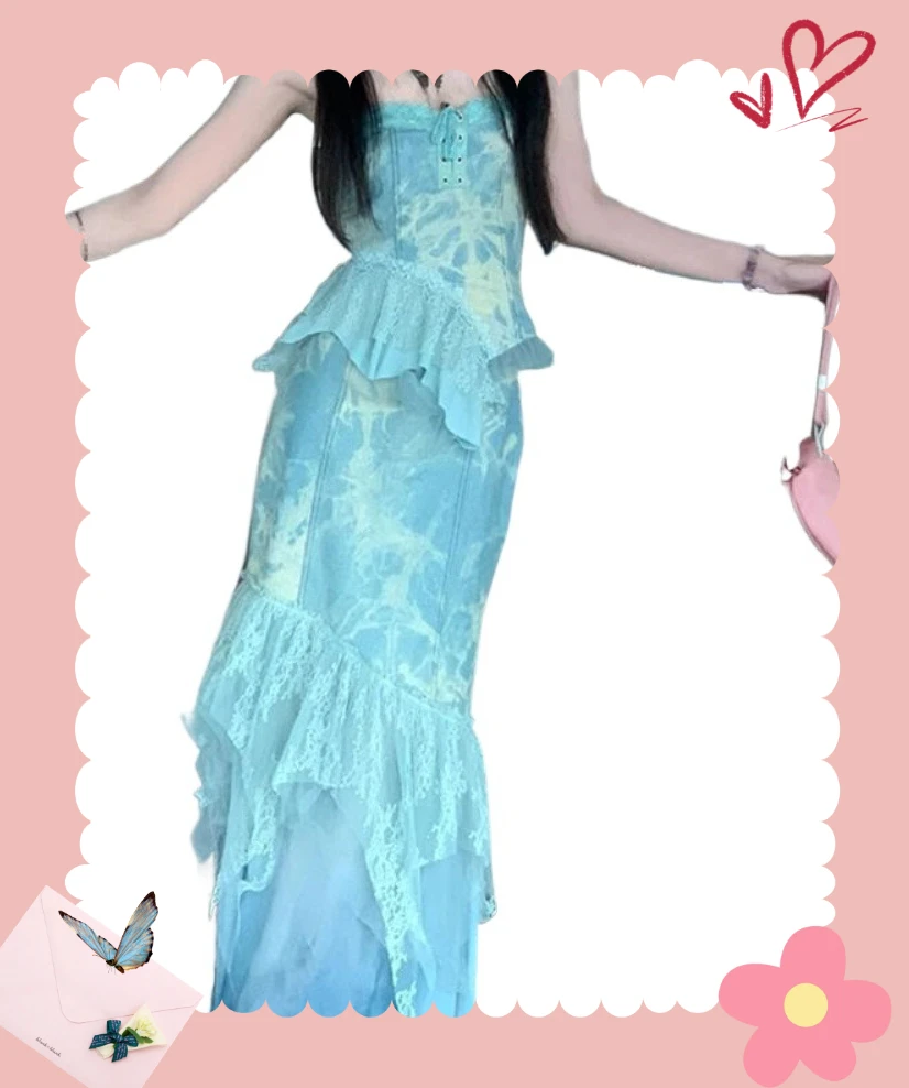 

Pure Desire Sweet Spice Girl Blue Tube Top and High Waist Lace Ruffle Edge Long Skirt Temperament Slimming Two-piece Set