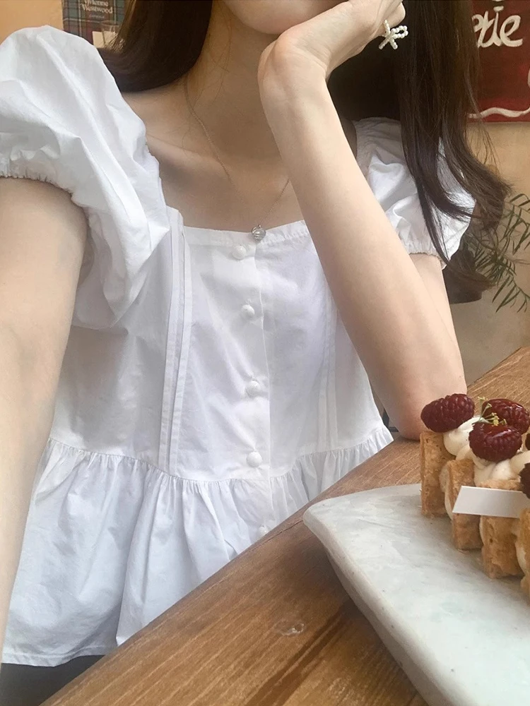 Chic Summer Loose Fit Bubble Sve irt Women's Square Collar Gored Hem Blouse Korean Sle ort Sve Faion