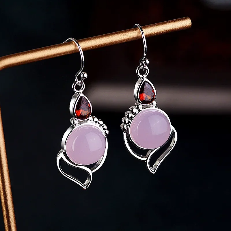 

Natural Pink Chalcedony Carving Peacock Earrings Fashion Personality Boutique Jewelry Men's and Women's AgateEarrings