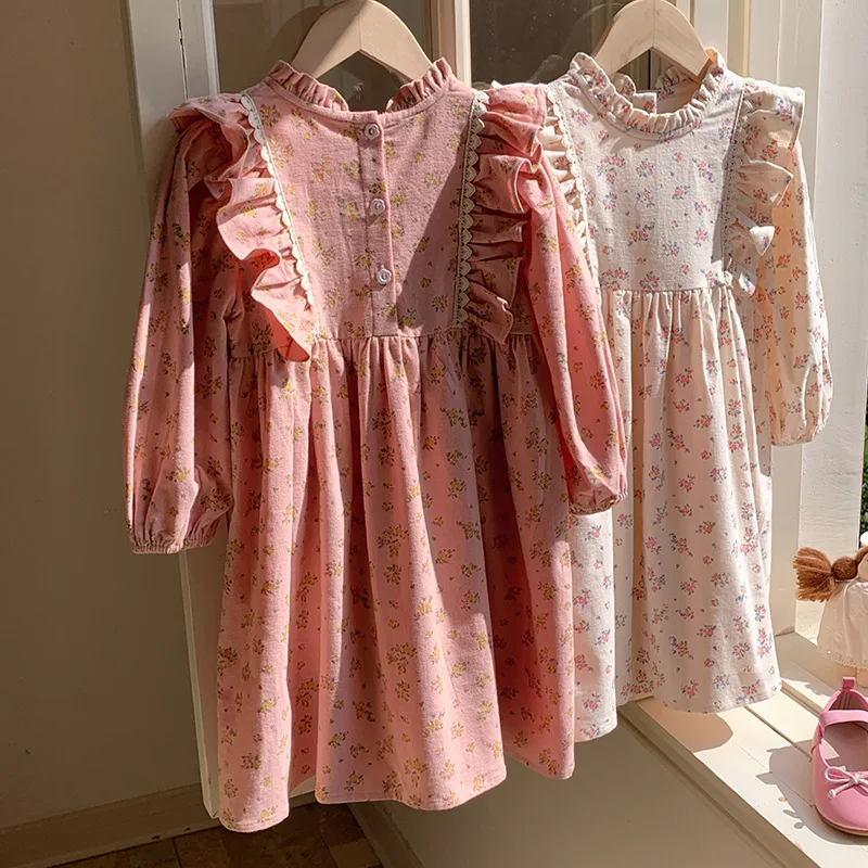 Children's Clothing Stand Up Collar Lotus Leaf Lace Girls' Dress 2025 Autumn Floral Long Sleeved Princess Dress for Children