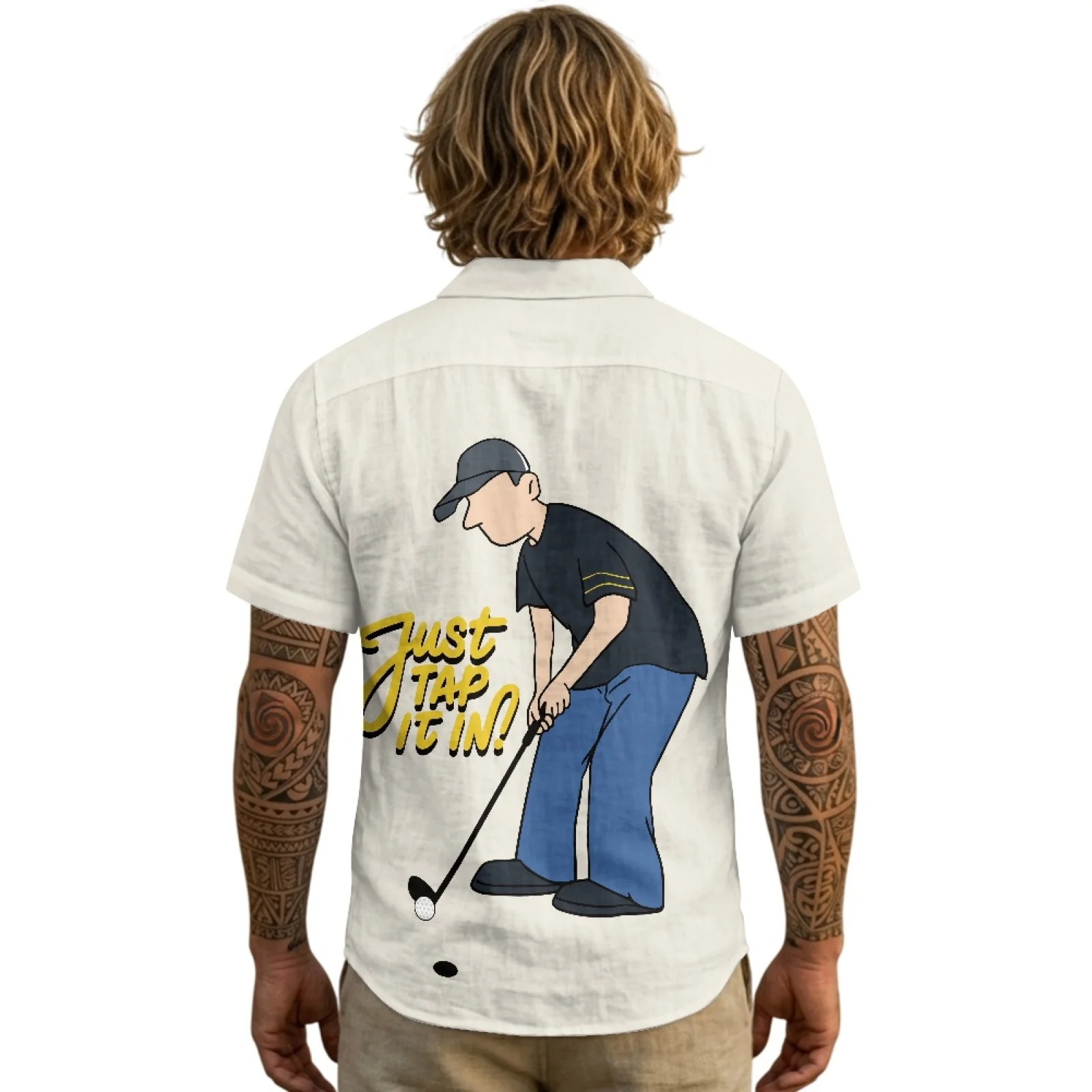 PENSTROLL Golf Pattern Linen Style Men Short-Sleeved Shirts, Single Breasted Breathable Tops for Male S-3XL, Summer Beach Wear