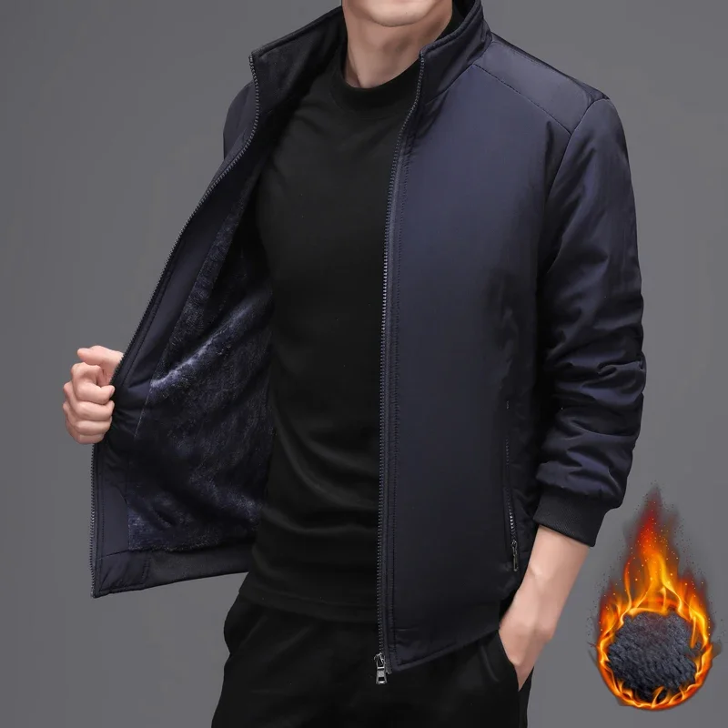 

Autumn Winter Men Casual Jackets Fleece Liner Warm Solid Stand Collar Business Jackets Zipper Coat Male Bomber Jacket Outwear