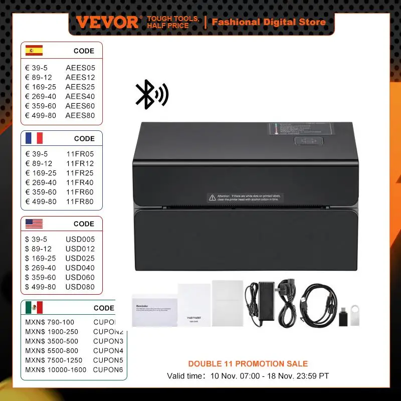 VEVOR 300DPI Thermal Label Printer Bluetooth & Auto Label Recognition Support Windows/ Linux/ Android for 4x6 Mailing Packages