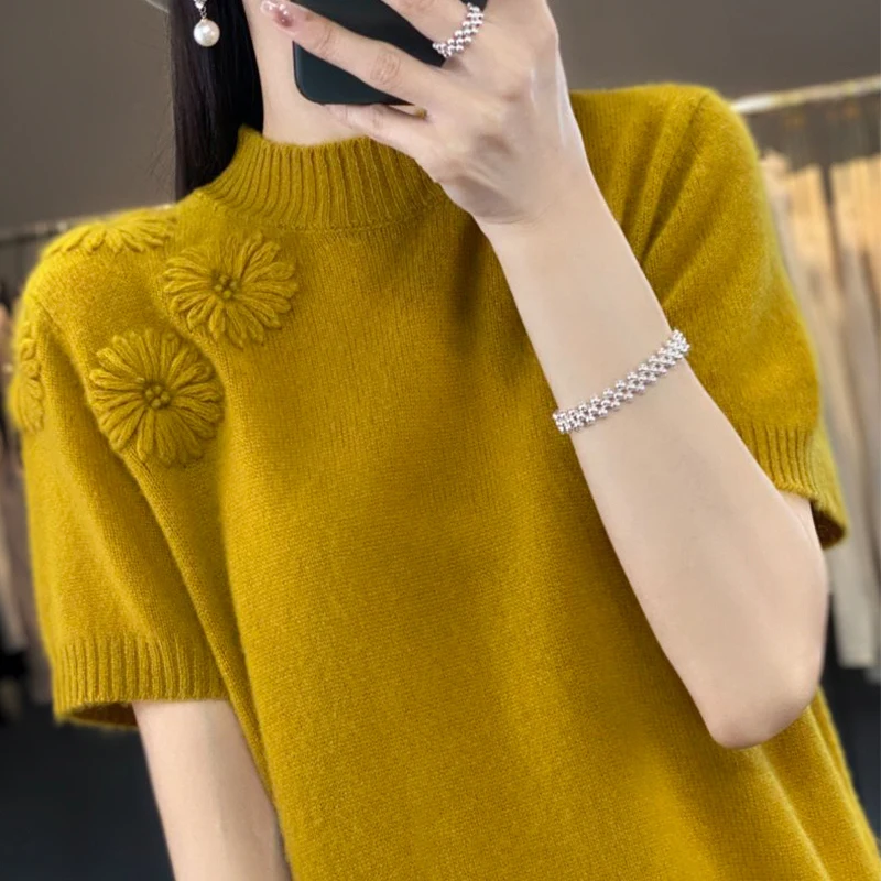 

Высококачественный женский свитер из мериносовой шерсти, пуловер с круглым вырезом, трикотаж, тонкий цвет с короткими рукавами, элегантная одежда, топы