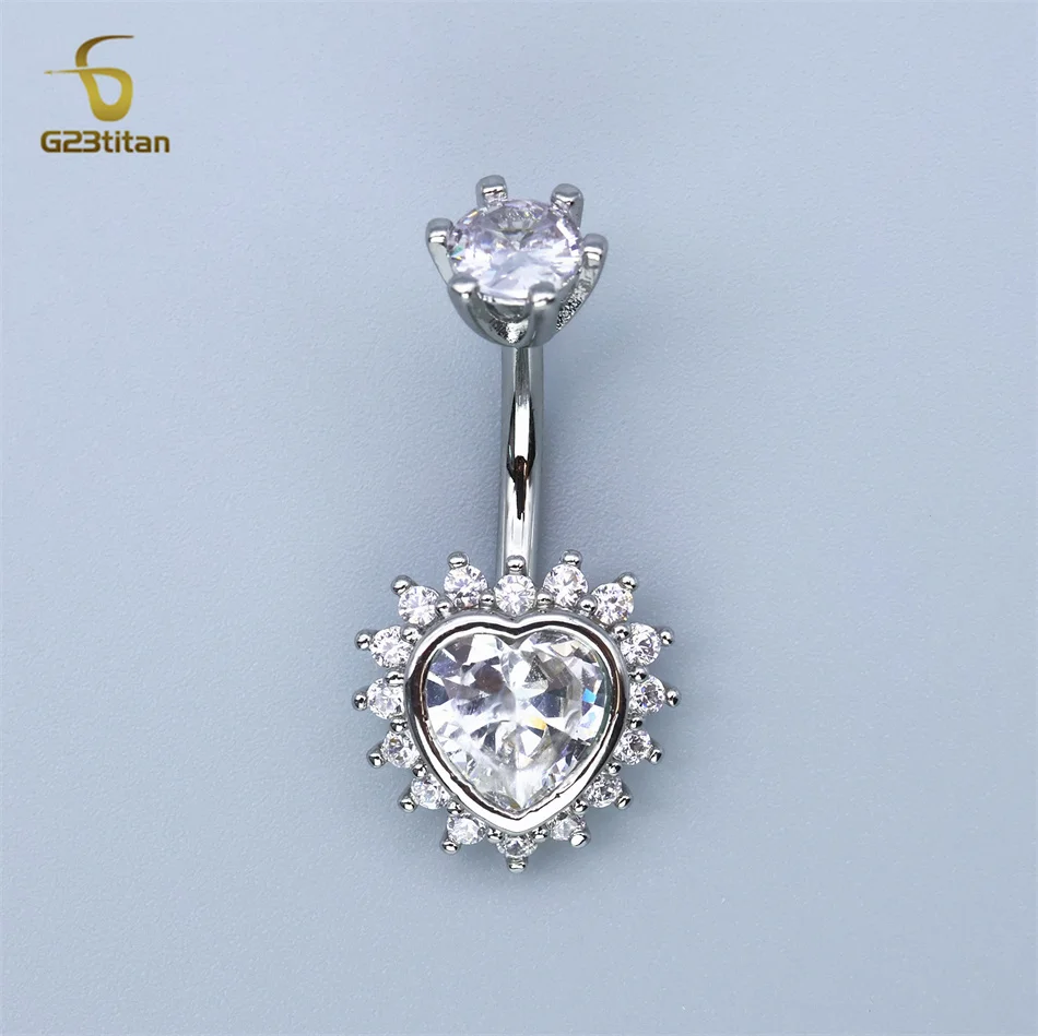 Bright CZ Zircon Heart Belly Button Ring 14G Medical Titanium Surgical Steel Bar Navel Piercing Women Jewelry Gold Silver Color image 5
