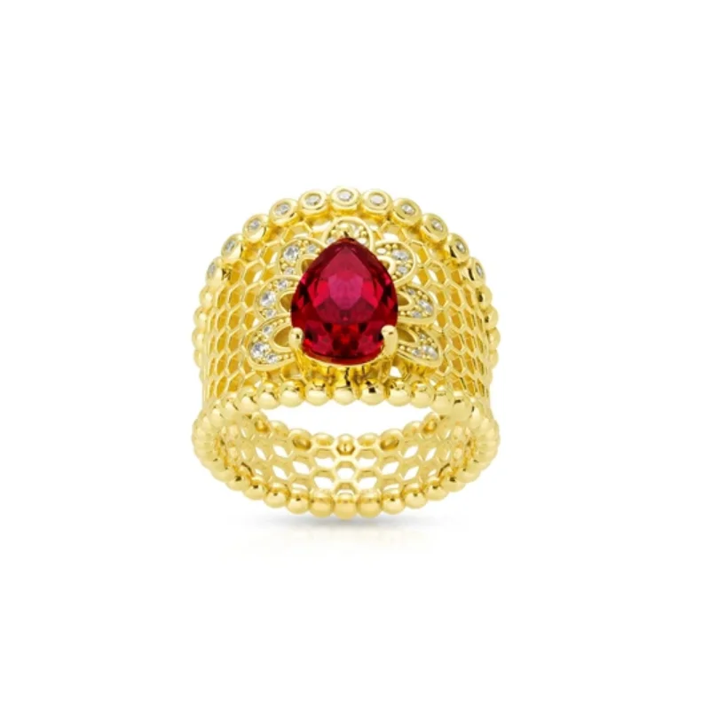 

BELLUX 925 Silver Synthetic Zircon Ring Ruby Waterdrop Pear Shaped Lace Hollow Honeycomb Wide Edition Gold Vintage Ring