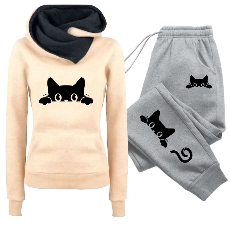 Herbst Winter Damen Alltags-Sportoutfit Damen-Set/Hoodie/Hose 2026 Katzen-Print Trainingsanzug Kapuzenpullover Jogginghose – Detail 5
