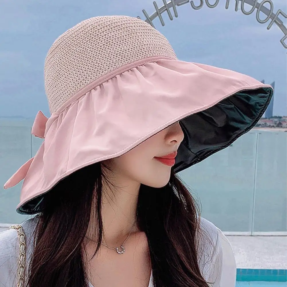 

Sun Hat Large Brim Foldable Hollow Breathable UV Protection Bow Tie Decor Women Sunscreen Summer Hat Beach Cap For Outdoor 태양모