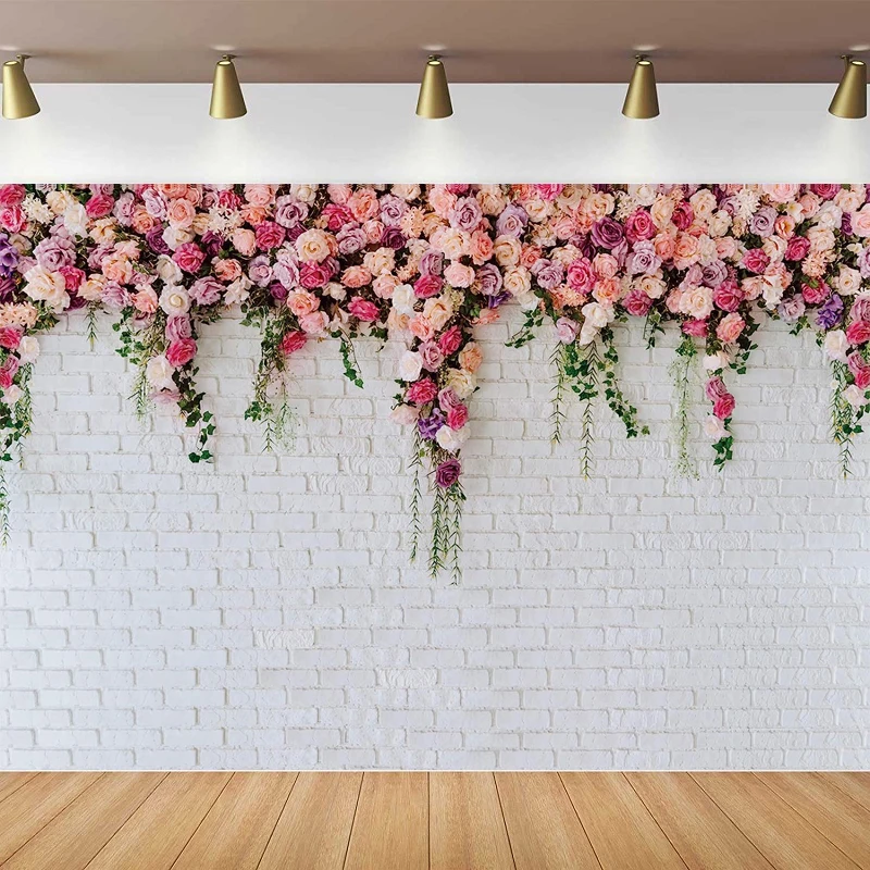 White Brick Wall Flowers Photography Backdrop Tea Party Valentine's Mother's Day Wedding Bridal Shower Banner Decor Background