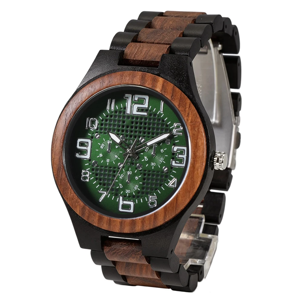 Natural Wood Wristwatch for Men with Fake Three-Eye Grid Dial and Lightweight Casual Business Quartz Watch