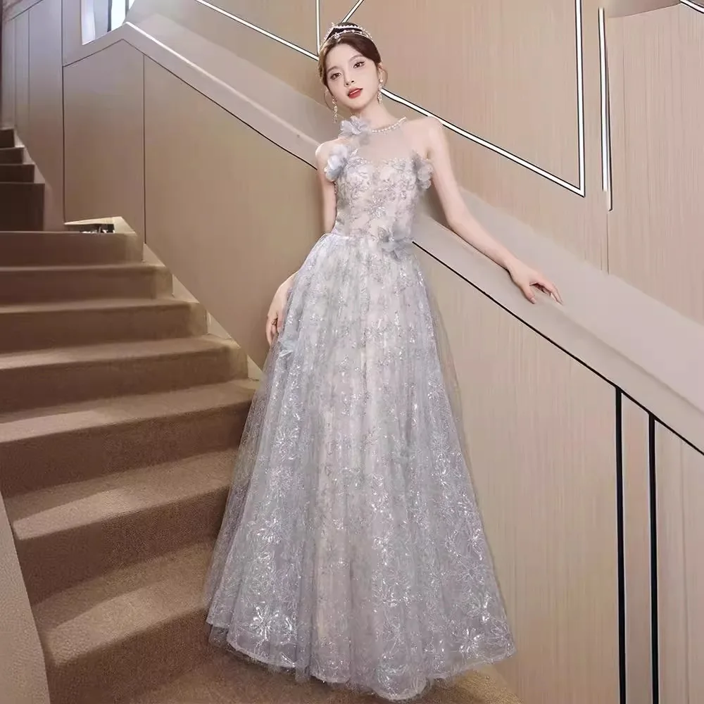 

Elegant Beaded Halter Prom Dress Sweet Flower Shining Celebrity Red Carpet Gown Floor-Length Tulle A-Line Quinceanera Dresses