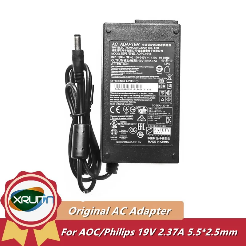 Genuine 19V 2.37A AC Adapter Power Charger for Philips AOC 234E5Q 237E4Q 274E5Q 247E4LSB 247E4LHSB 247E4LHAB ADPC1945 ADPC1945EX