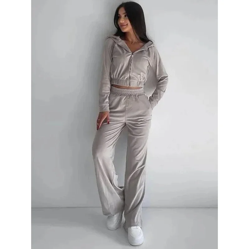2025 nuevo otoño Color sólido mujer plata zorro traje de terciopelo de manga larga con capucha chaqueta cárdigan pantalones casuales elásticos mujer T ★ ★ ★ ★