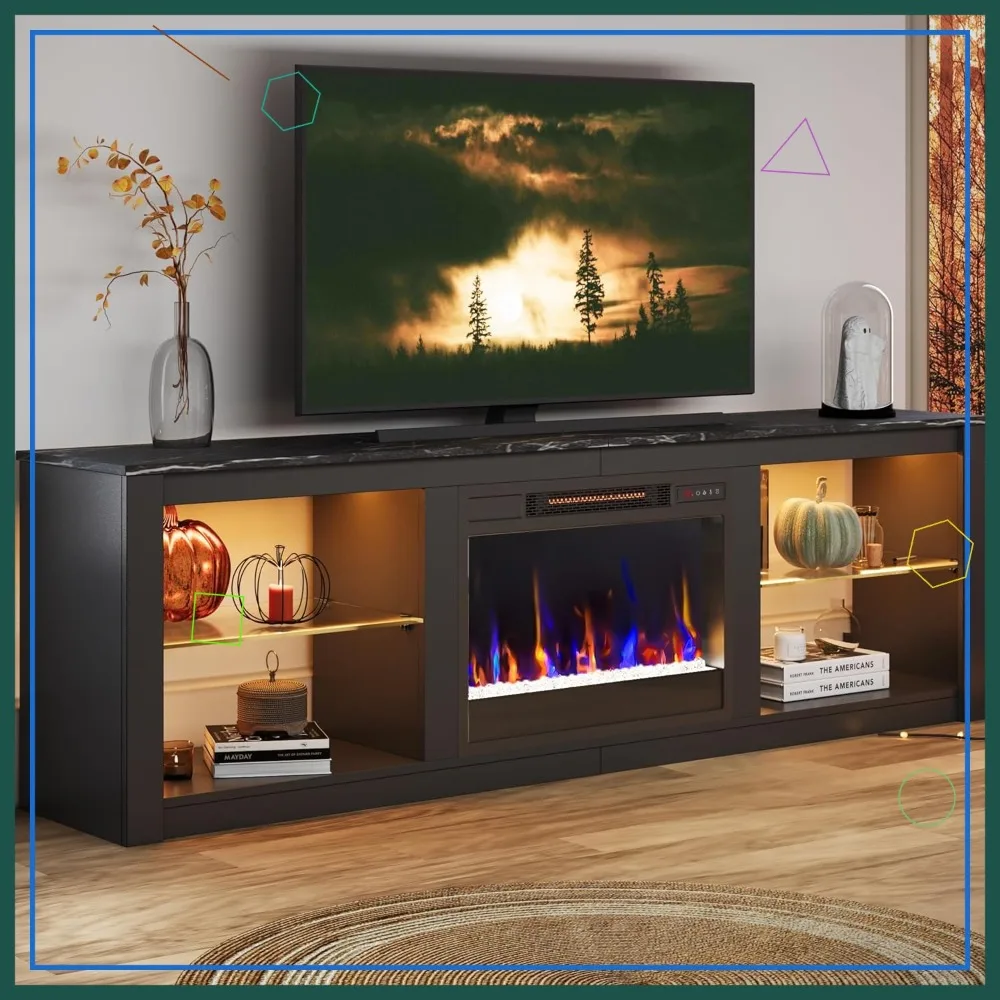 

Тумба под телевизор 70 дюймов с электрическим камином для телевизоров до 75 дюймов, LED-центр развлечений с электрическим камином, стеклянными полками, черным мрамором