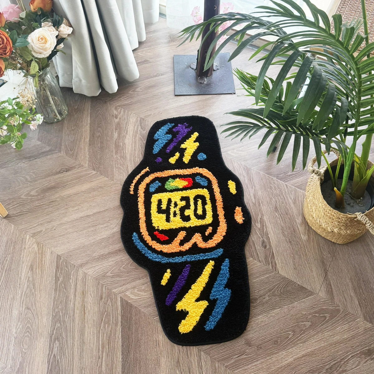 Funky 4:20 Watch Tufted Bodenteppich, klobige Flock-Graffiti-Uhrenmatte, rutschfest, coole Dekoration für 4:20-Kultur-Fans, modernes Schlafzimmer – Detail 2