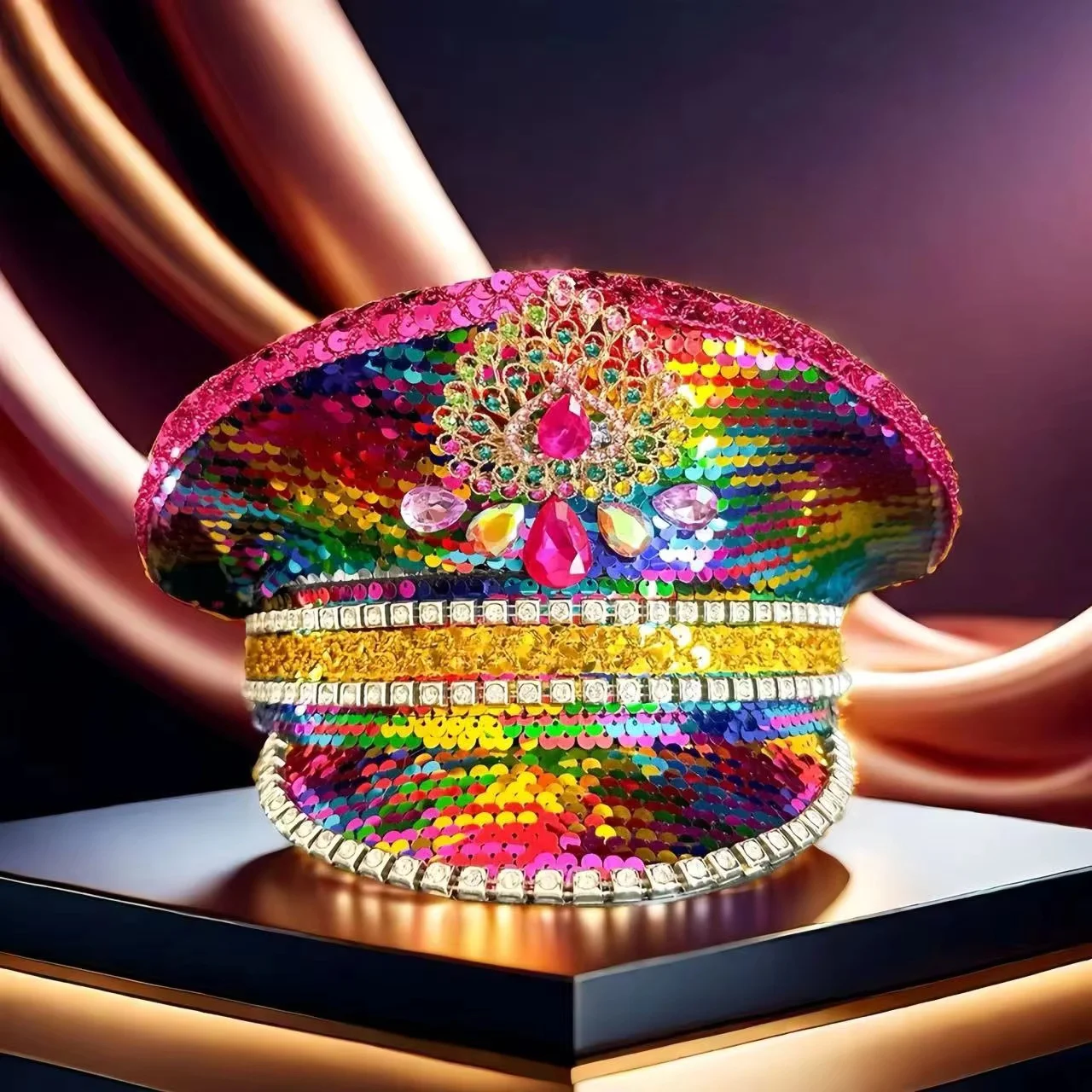 HongLuan Yellow Laser Leather Loop Captain Hat Rhinestone & Military Caps for Woman, Rave Festivals Accessories ＆ Party Cap Man