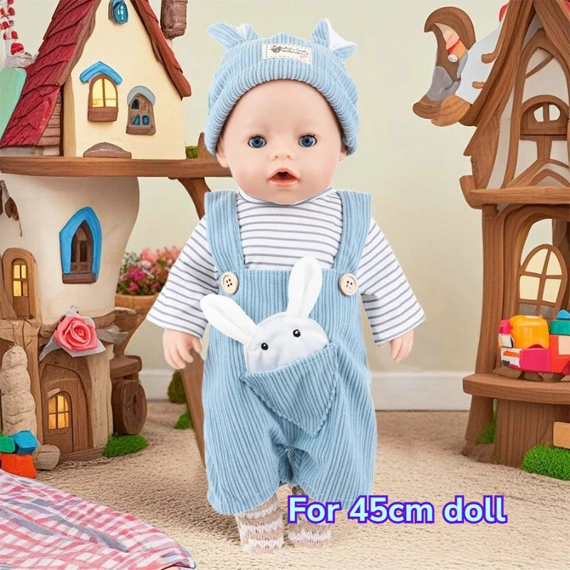 

Cute 45cm Reborn Dolls Bunny Overalls Set Striped Top Knit Hat Socks Soft Doll Clothes with Plush Bunny Pocket Play Dress Up Toy
