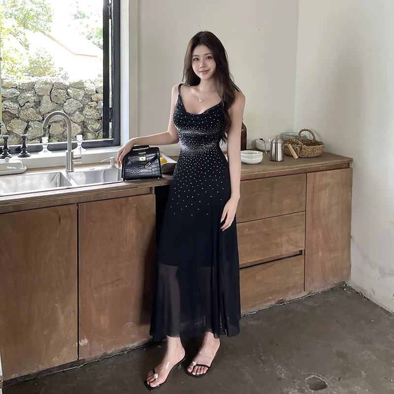 ฤดูร้อนผู้หญิงชุดยาวสีดํา Suspender ตาข่ายชุดผู้หญิง Vestidos Vestidos Femininos Vestido Longo Feminino Elegante