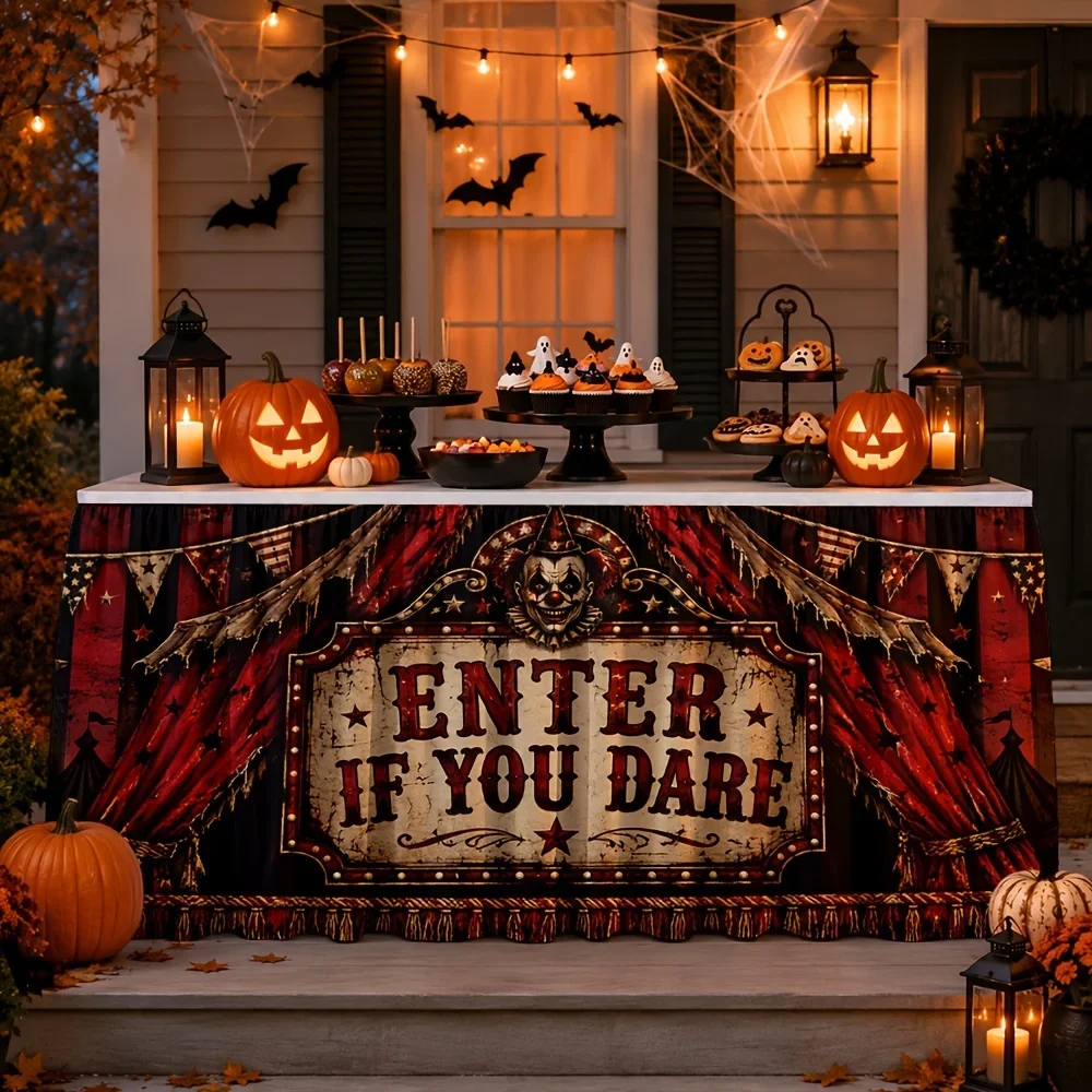 One table skirt - Horror Circus Print Table Skirt - Terrifying Clown Tent Curtain - Star Stripes Triangle Flag Pattern