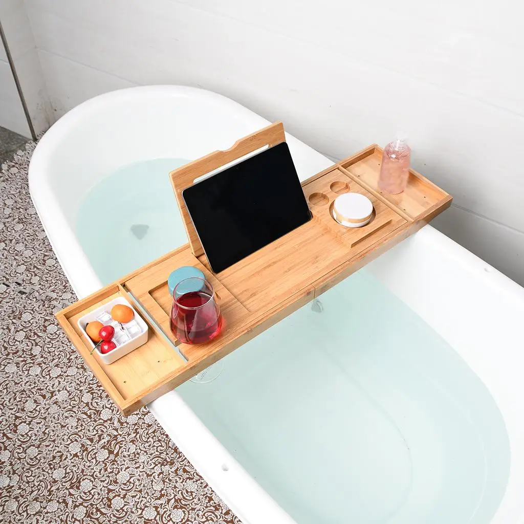 Expandable Bathtub Caddy Tray 29.53-37.4inch Tablet Holder Glass Tray Bath Tub Tray