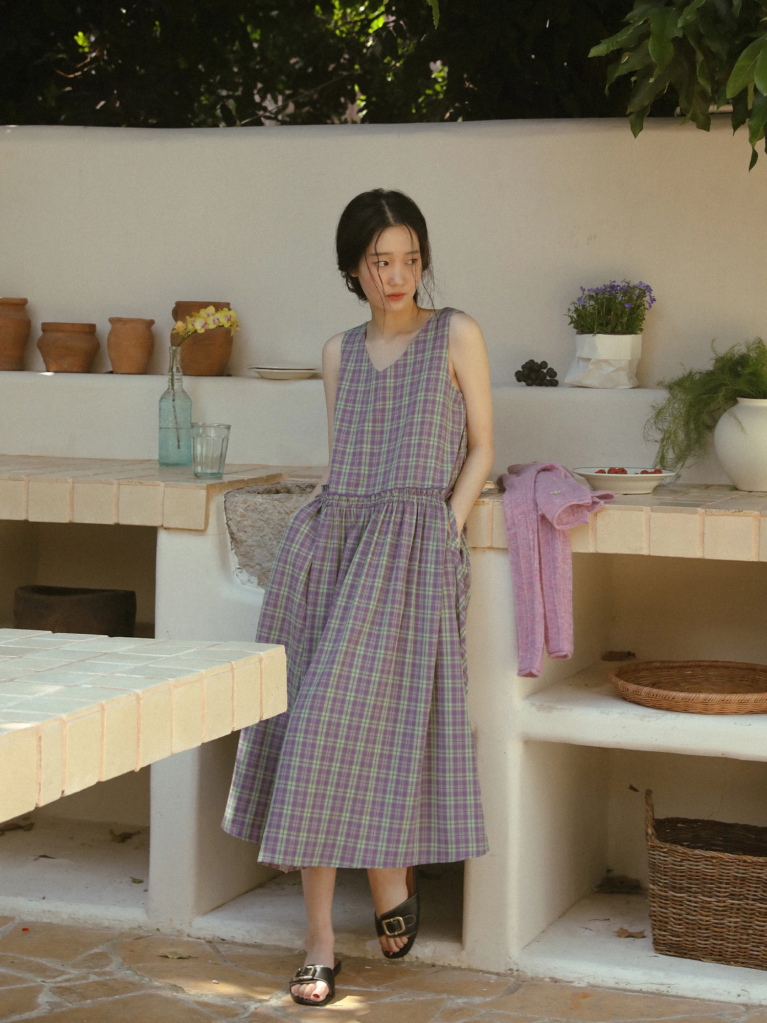 LLANO Retro Plaid Vest Dress Vine Purple Pattern Sleeveless Lazy Vacation Midi Skirt Women Summer High Waist G Viscose Dress