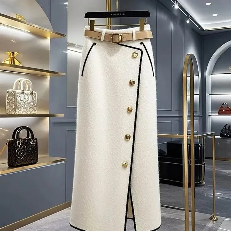 

Solid Color Thick Ladies Spring and Autumn Long High Waist Comfortable Soft Loose Skirt Winter Crotch Split Bag Hip Skirt