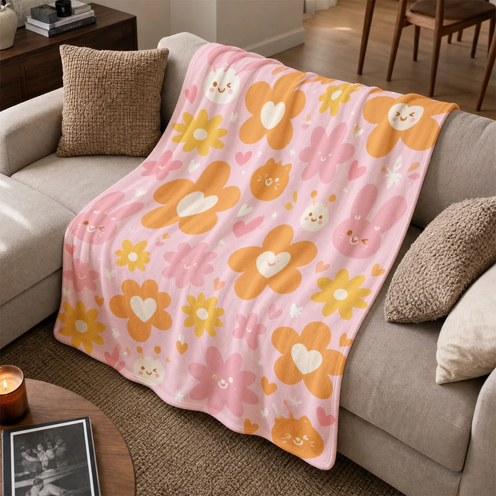Ultra Soft Cute Cartoon Animal Floral Print Throw Blanket Sofa Couch Throw Plush Cozy Nursery Home Decor Gift for Kids