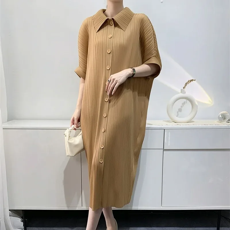 

Miyake Pleated Dress Women's Loose Plus Size Single Breasted Mid Length Bat Sleeve Summer Solid Color Casual Maix Dress