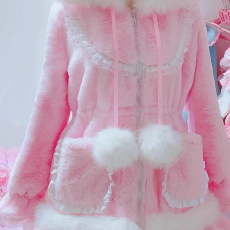 Original Design Cute Pink Furry Splicing Hooded Women's Jacket Autumn Winter New Fleece Lined Waist Adjustable Warm Coat Ladies