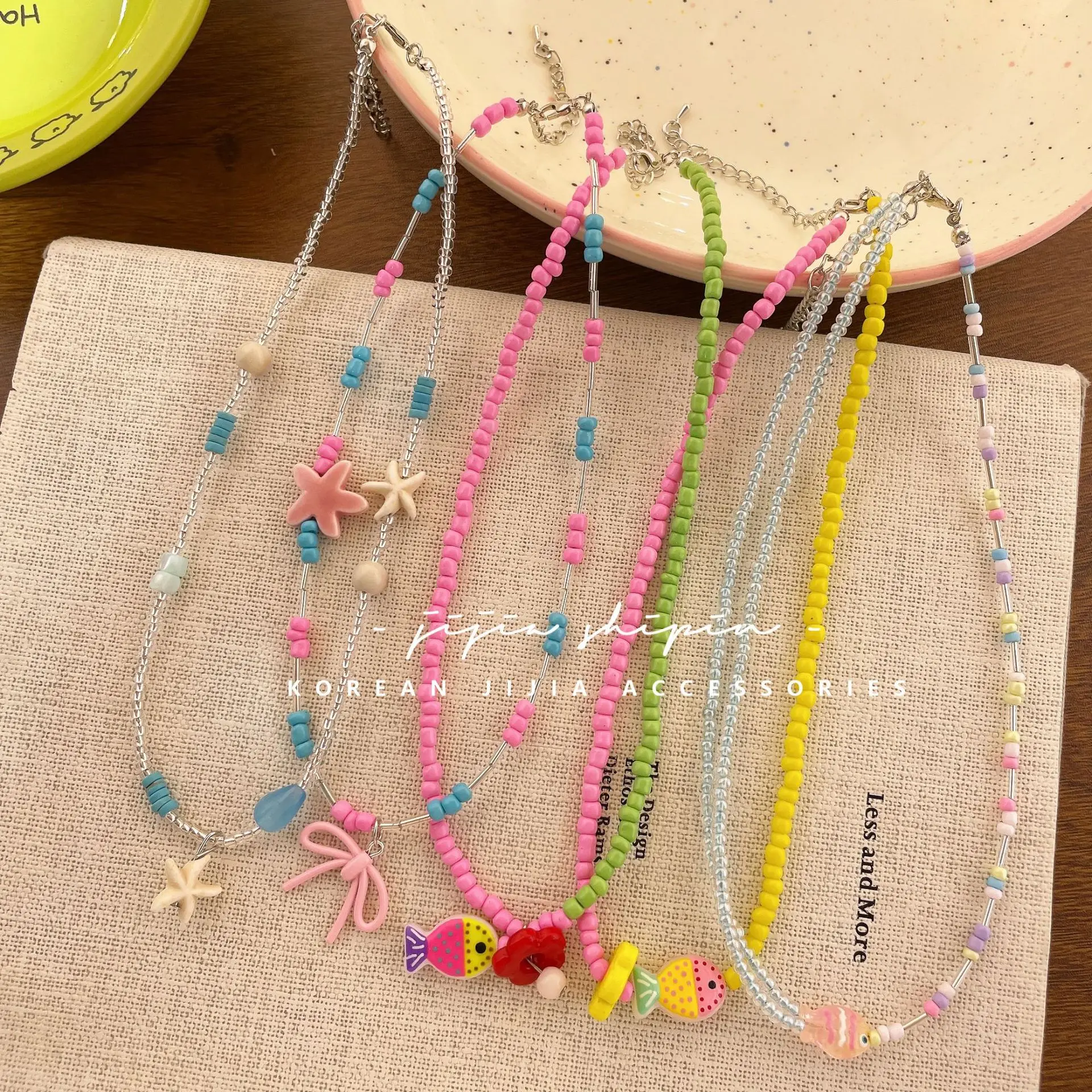 Beaded Shell Necklace Colorful Beach Style Mushroom Koi Fish Bubble Choker Length Adjustable Lightweight Premium Summer Jewelry