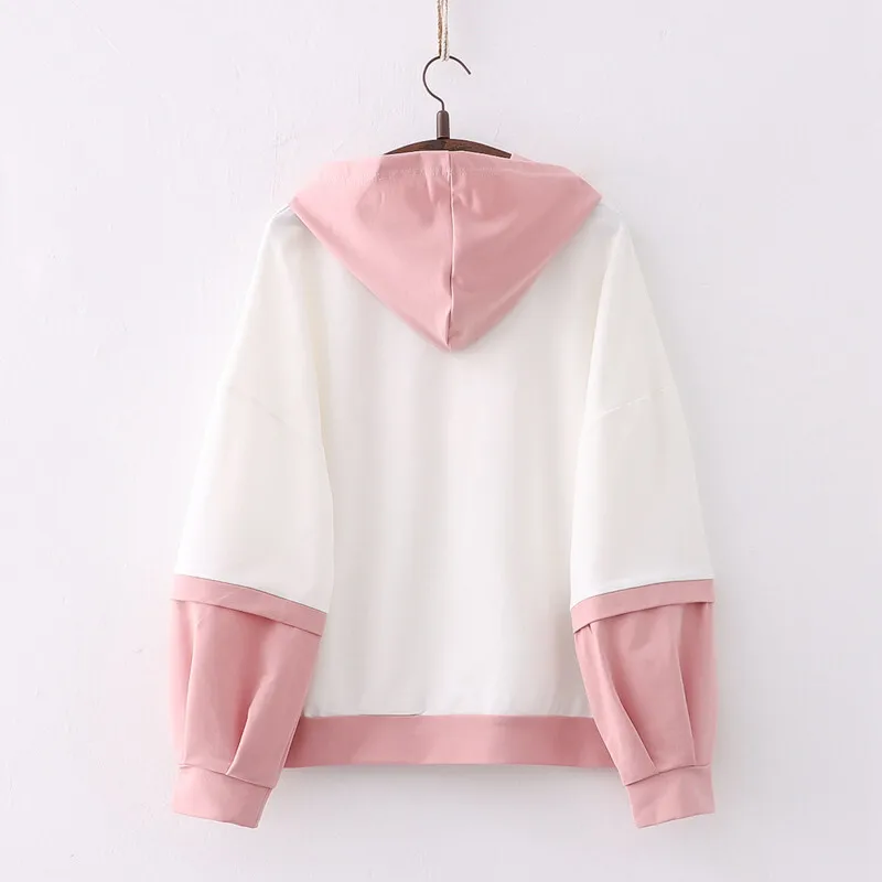 Preppy Hoodie Fake Two Piece Hooded Sweatshirt Patchwork Pullovers Women Cute Clothes Teens Y2K Harajuku Sakura Rabbit Print Top