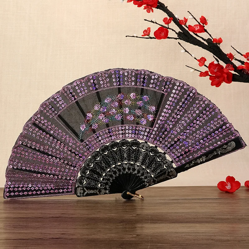 

Peacock Tail Sequined Silk Fan Wing Chun Dance Fan Ladies Plastic Folding Fan for Wedding Baby Shower Favors bridesmaid gift